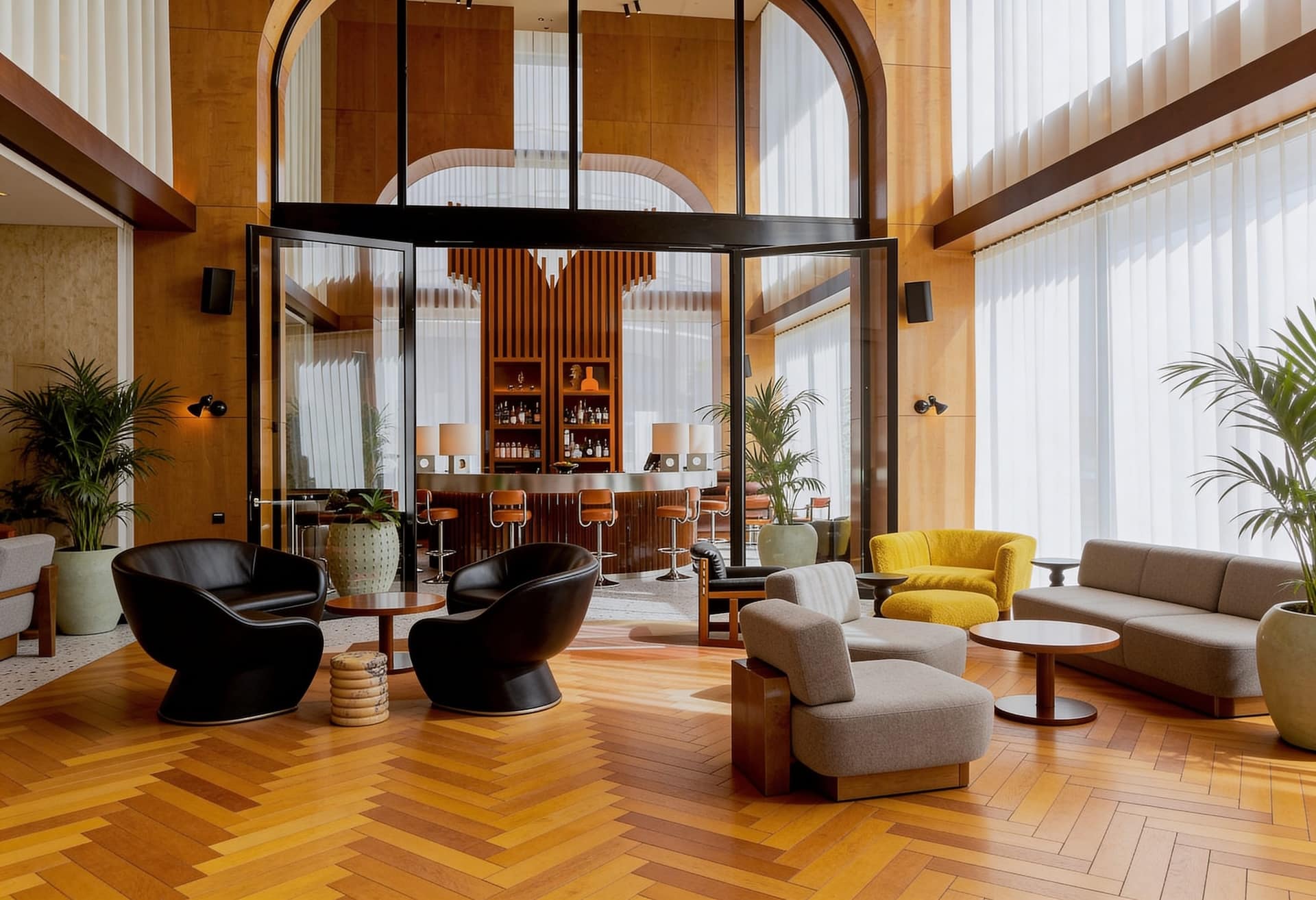 Interior of a hotel lobby with armchairs, coffee table and bookcase